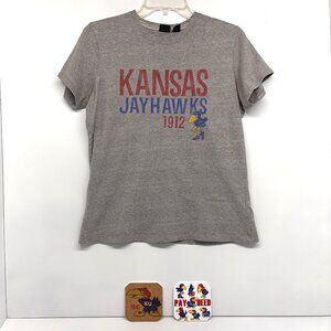Kansas Jayhawks Women's Short Sleeve T-shirt Gray Size L & 2 Drink Coasters